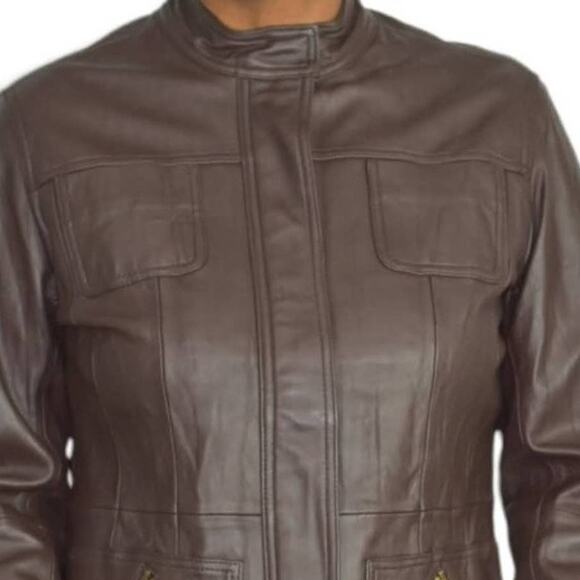 Chicos Leather Jacket Brown Cafe Racer Biker Pockets Zippered Size Small Davita - Picture 4 of 15